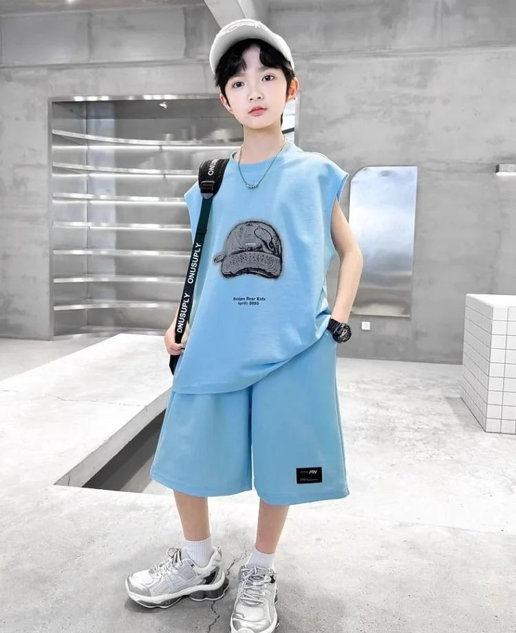 Boys' 2025 Summer New Arrival Sleeveless Two-Piece Vest & Sports Set for Big & Tall Kids