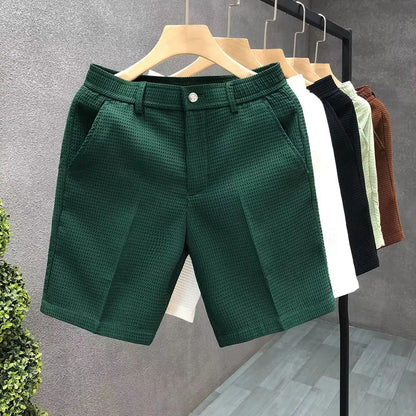 Men's Shorts Plaid Texture Solid Straight-leg Business Social Elastic Waist Button Short Pants Loose Knee Length Casual Short