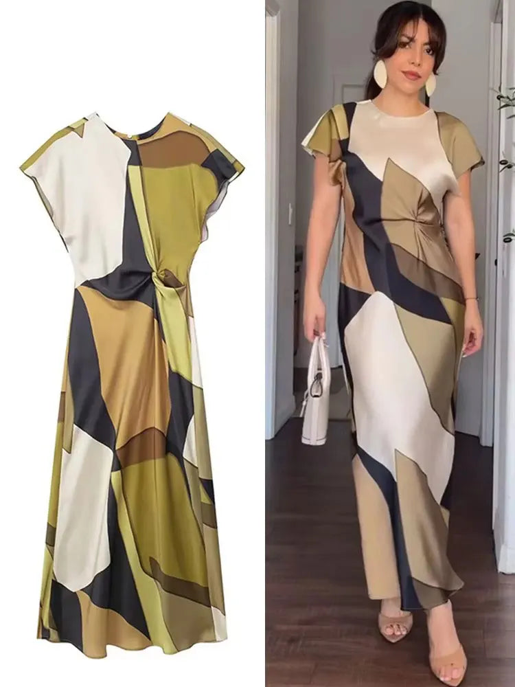 2024 Summer Women Dress Fashion Vintage Print O-Neck Midi Dress Waist Cinched Casual Chic Woman Elegant Dresses