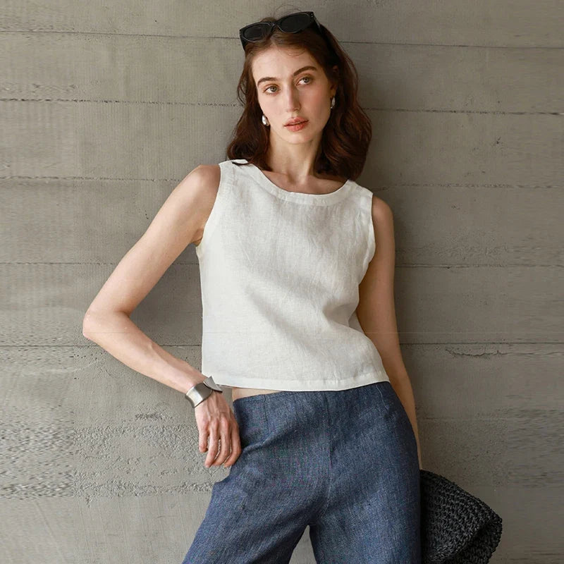 Chic Front And Back Two Wear Women Linen Tank Top 2026 Summer New Casual Short Loose 100% Linen Sleeveless Crop Tops