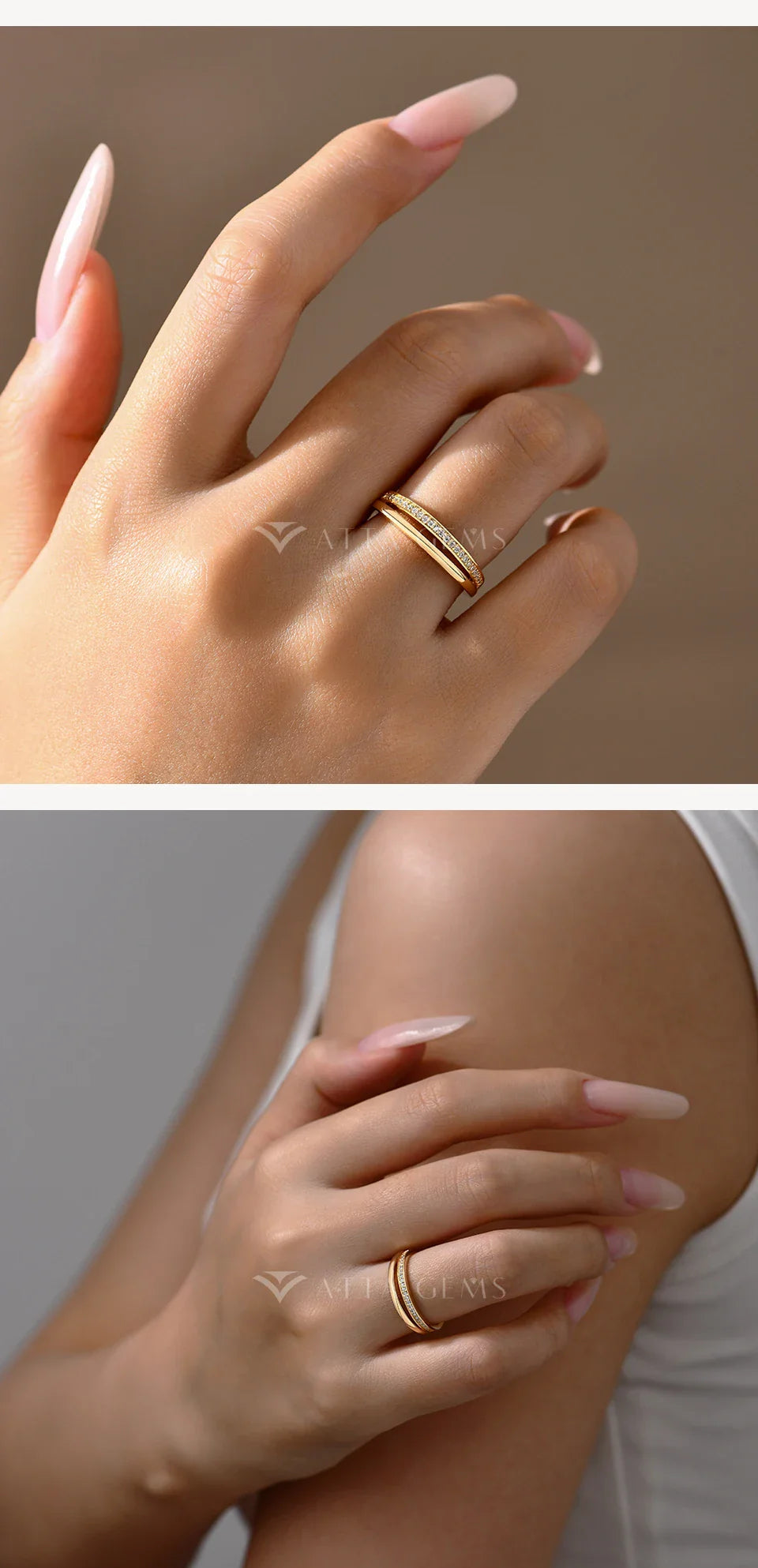 ATTAGEMS Bague deux cercles moissanite en argent 925, plaquée or 18 carats, bague empilable simple pour femme, bijoux fins de fiançailles