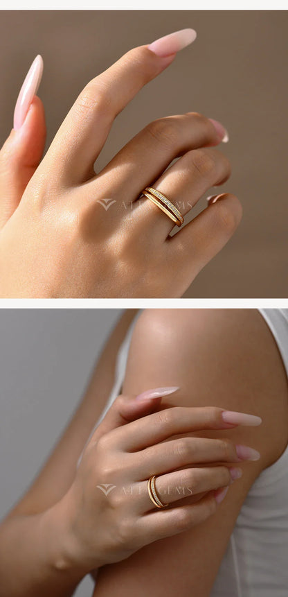 ATTAGEMS Bague deux cercles moissanite en argent 925, plaquée or 18 carats, bague empilable simple pour femme, bijoux fins de fiançailles