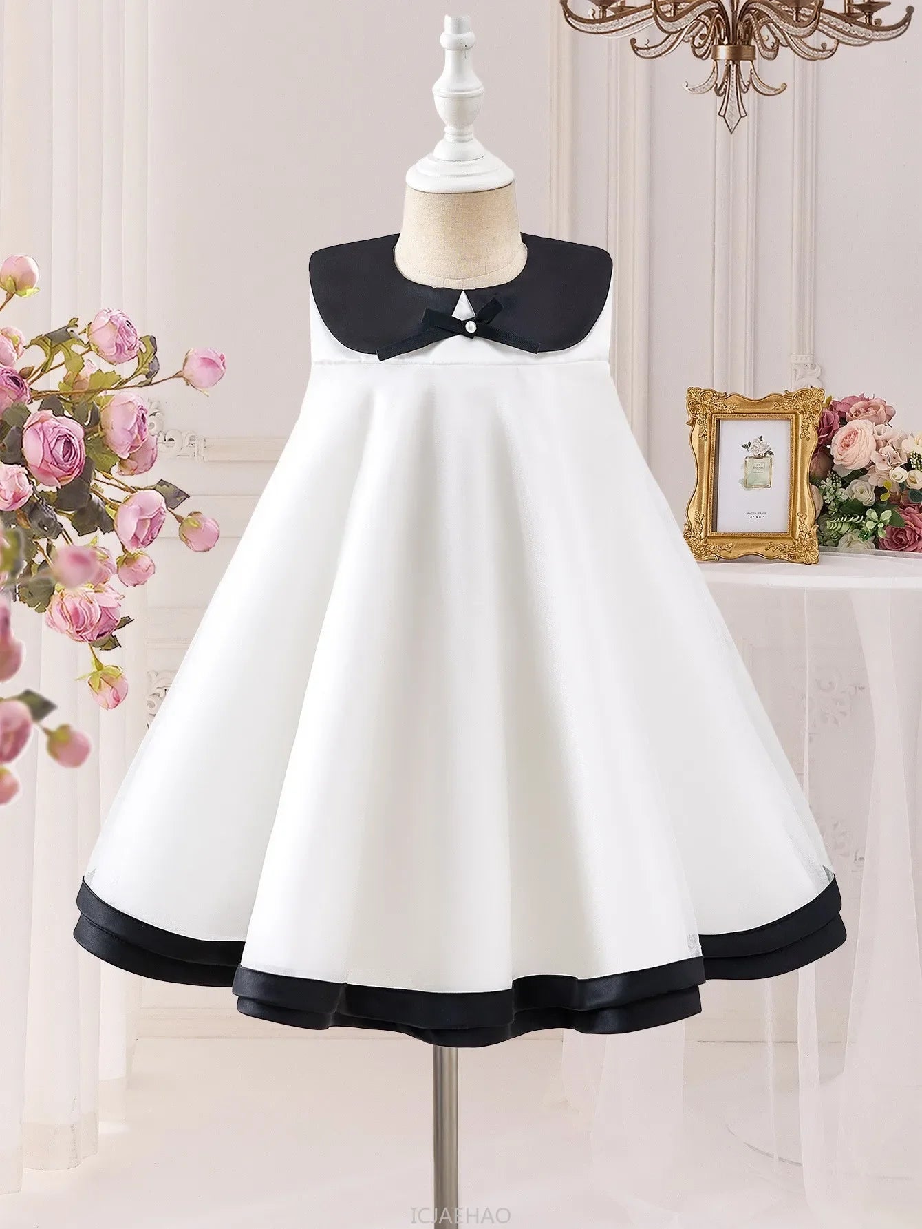 Party Dress Costumes Korean Style Girls Tulle First Birthday Dresses Children Black Bow  Collar Kids Flower Girl Gown Clothes