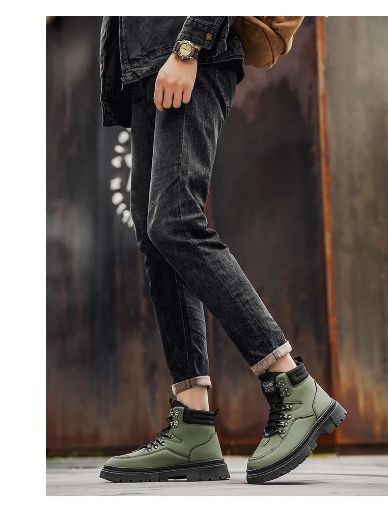 New Men's Leather Boots Brand Retro Comfortable Boots for Men 2026 Fashion High Top Non Slip Casual Shoes Business Work Shoes