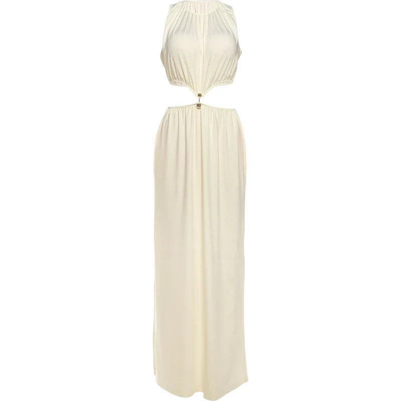 Metal Patchwork Waistless Long Dresses Women o-Neck Sleeveless Summer Vacation Y2K Style Ruched Elegant Vestidos