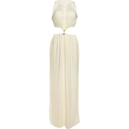 Metal Patchwork Waistless Long Dresses Women o-Neck Sleeveless Summer Vacation Y2K Style Ruched Elegant Vestidos