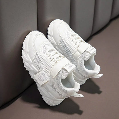 Spring New Kids Sneakers 2025 PU Girls Casual Mesh Solid Pink Light Boys White Hook & Loop Children Non-slip Sports Shoes
