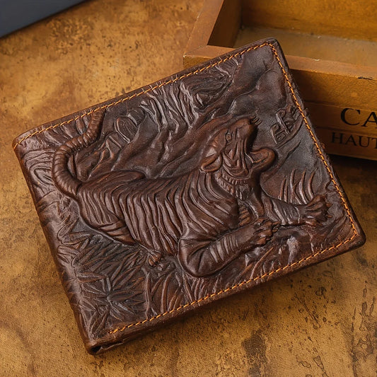 Portefeuille pour Homme en Cuir Véritable Vintage Porte-Cartes Tigre Imprimé en 3D