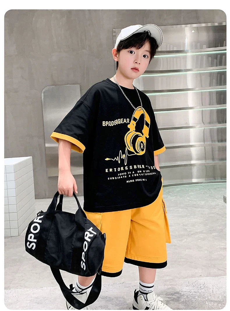 Fashion Stylish Kids Boys Top and Bottom Set Summer Tracksuit Streetwear Children New Trend Short Sleeve Clothes Suit Age 5-14 Y