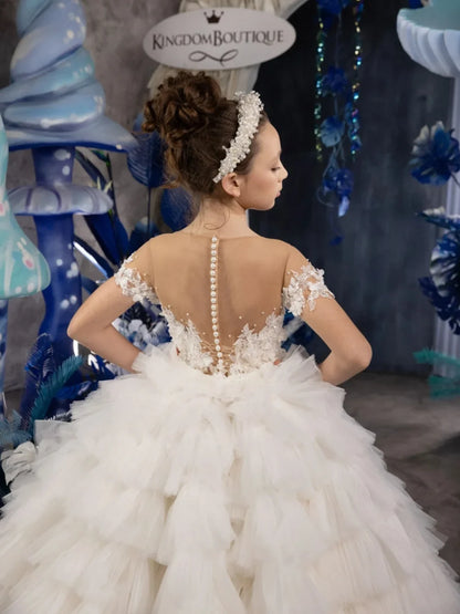 New Handmade 3D Floral Girls Dresses Birthday Paty Wear Classic Short Sleeve Kids Princess Gown Wedding Guest Clothes 2-14T