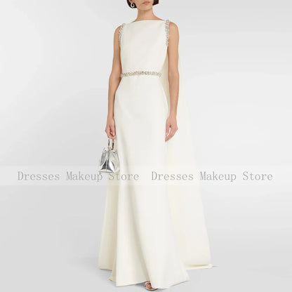 Customized New Ivory Prom Dresses Sleeveless Boat Neck Sweep Train Formal Party Gowns Crystal Mermaid Evening Gowns for Women