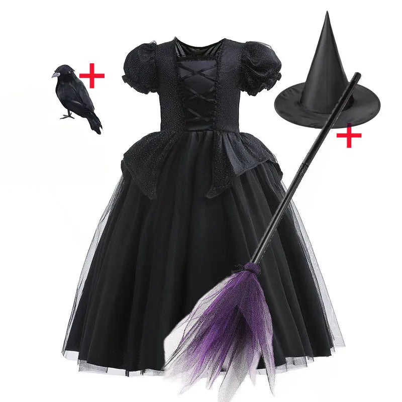 Deluxe Witch Uniform Girl Halloween Costume Evil Wizard Dress with Witch Hat Kid All Saint Day Stage Performance Apparel Vestido