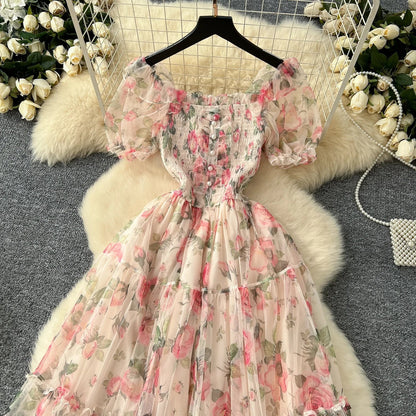 Retro Floral Chiffon Dr Women's Waist Cinched Bubble Sve Me Skirt Tea Break Gentle Soft Sle Korean High Waist A-Lin...