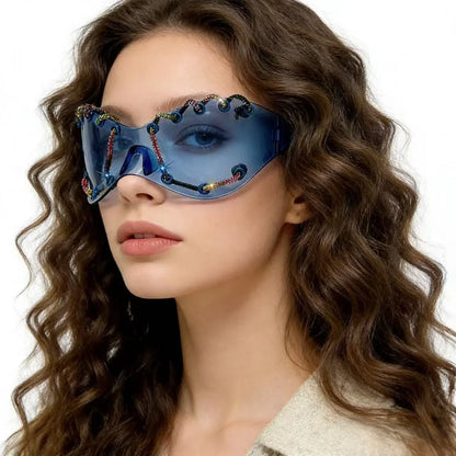 Women's Exaggerated Oversized One-Piece Rhinestone Chain Sunglasses Y2K Retro Futuristic Fashion Silver Goggles Shades for Party