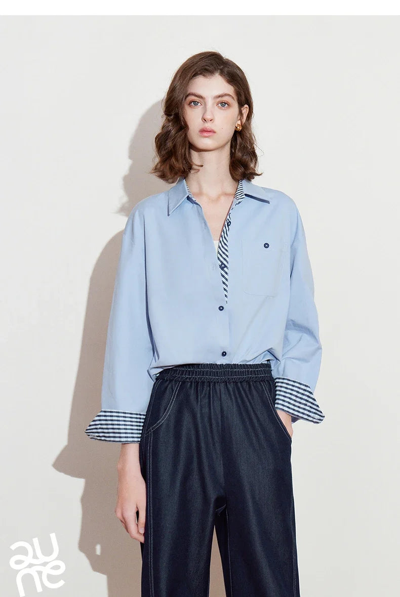 Women Striped shirt, spring 2025 new cavalry diagonal collar spliced pure cotton shirt