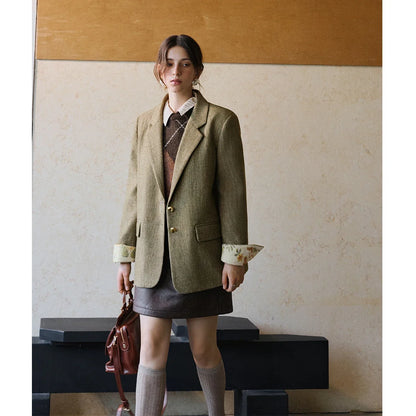 Women's Blazer Floral Spliced Jacquard Cuff Blazers Spring 2026 Old Money Style Oversize Long Wool Coats GO57DN002081