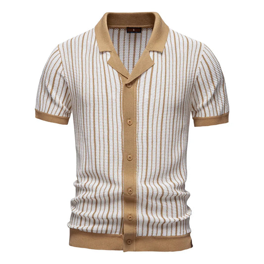 2025 Men's Striped Mesh Polo Shirt - Breathable Contrast Panel Knit Top with Turn-Down Collar