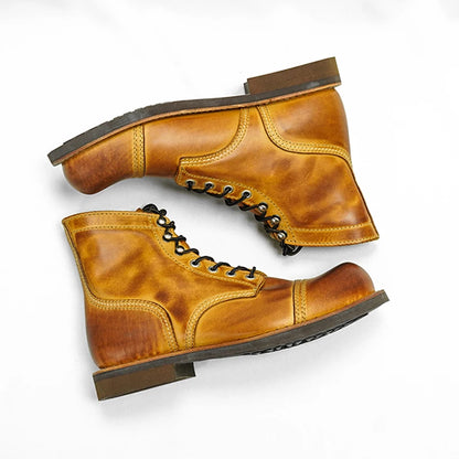 Durable Goodyear-Welted Motorcycle Rugged Heritage Boots Vintage Oil Genuine Leather 8111 Red Punk For Men Cowhide Mid-Cut Shoes