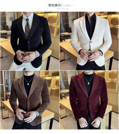 Autumn Winter Fashion Seaweed Pattern Suit Jacket High Quality Luxury Slim Fit Casual Men's Blazers Coats Social Prom Tuxedo