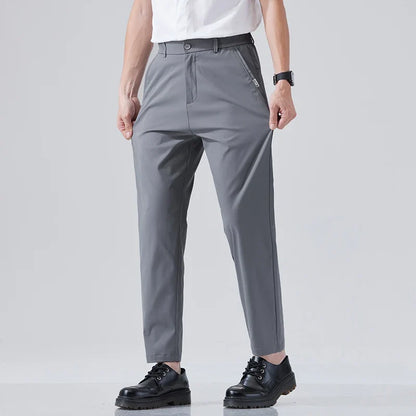 2026 Spring Summer Thin Ice Silk Suit Pants Men's Business Straight Slim High Elastic Ankle Length Casual Pants Male
