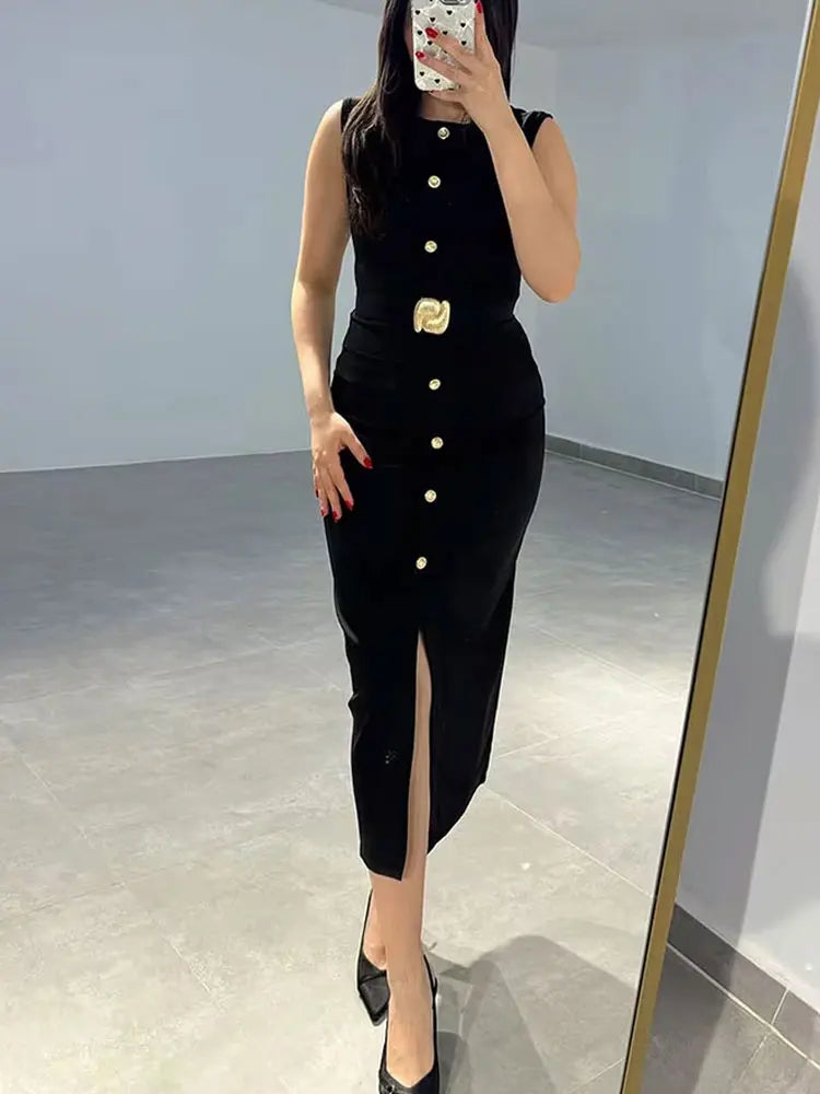 Female Summer Elegant Midi Dress O-Neck Hem Slit With Belt Sleeveless Single Breasted Back Zipper Fashion Long Dress