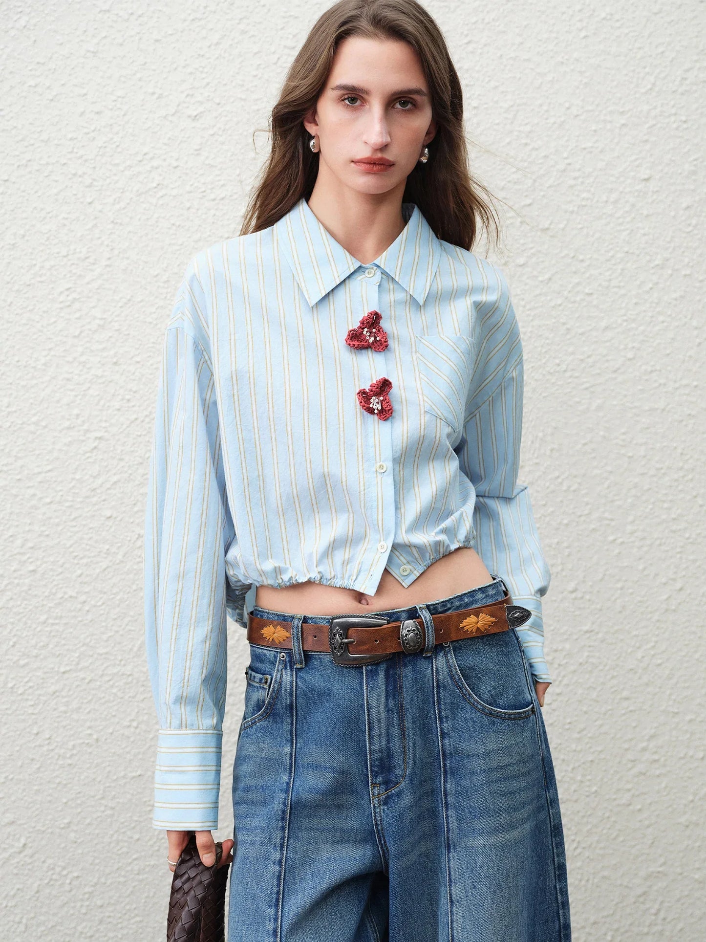 2026 Spring New Arrival Design Driven Stripe Short Sleeve Women's Long Sleeve Top 100% Cotton 3D Flower Buttons Blouses