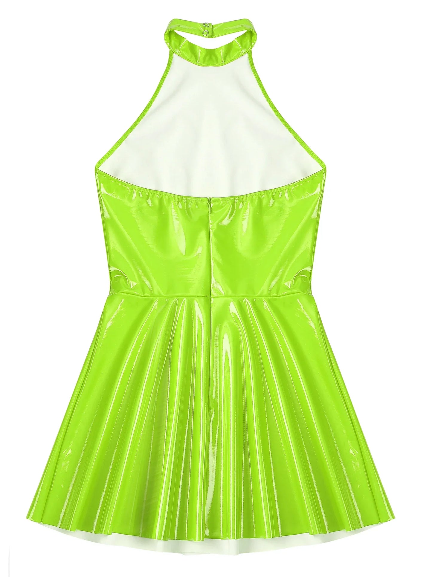 Womens Glossy Patent Leather Glossy Mini Skater Dress Halter Backless Bodycon Lingerie A-Line Dresses Rave Disco Party Clubwear
