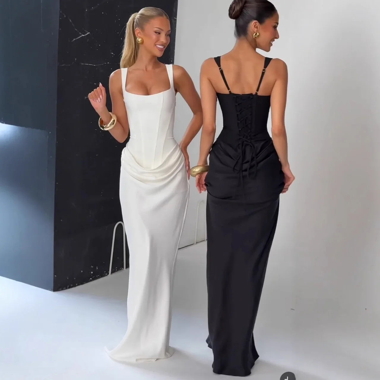 White Women's Maxi Dress Elegat Lace Up Dress Slim Formal Wedding Guest Party Dress