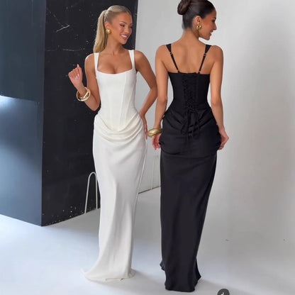 White Women's Maxi Dress Elegat Lace Up Dress Slim Formal Wedding Guest Party Dress