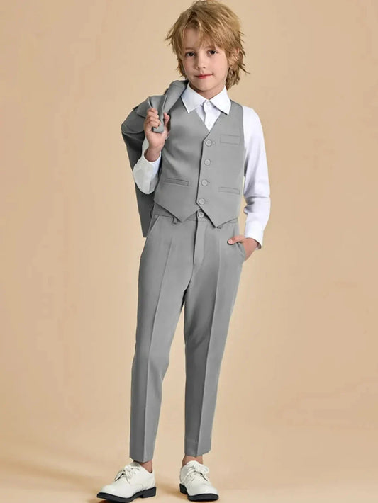 Stylish Grey Kids Formal Suit Set 3 Pieces Wedding Ring Bearer Outfit Elegant Notched Lapel Boys Suits Birthday Party Tuxedo