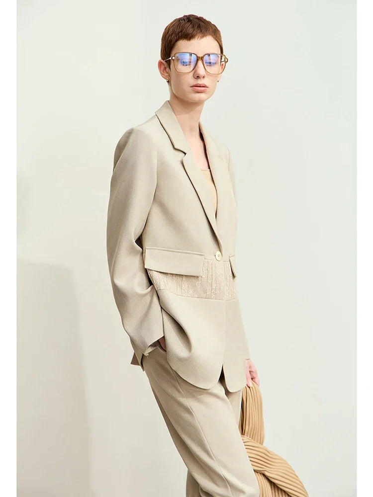 Minimalism 2025 Women's Blazer Autumn New Office Lady Lace Spliced Shoulder Professional Loose Female Notched Tops 12443009
