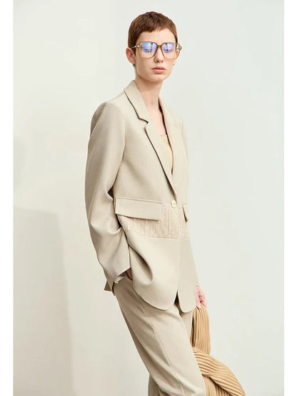 Minimalism 2025 Women's Blazer Autumn New Office Lady Lace Spliced Shoulder Professional Loose Female Notched Tops 12443009