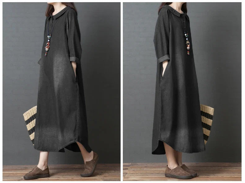 Women's Denim Dr Long Sve Loose Fit irt Sle Autumn Spring Faion plus Size Clothing Meat Concealing Slimming Skirt