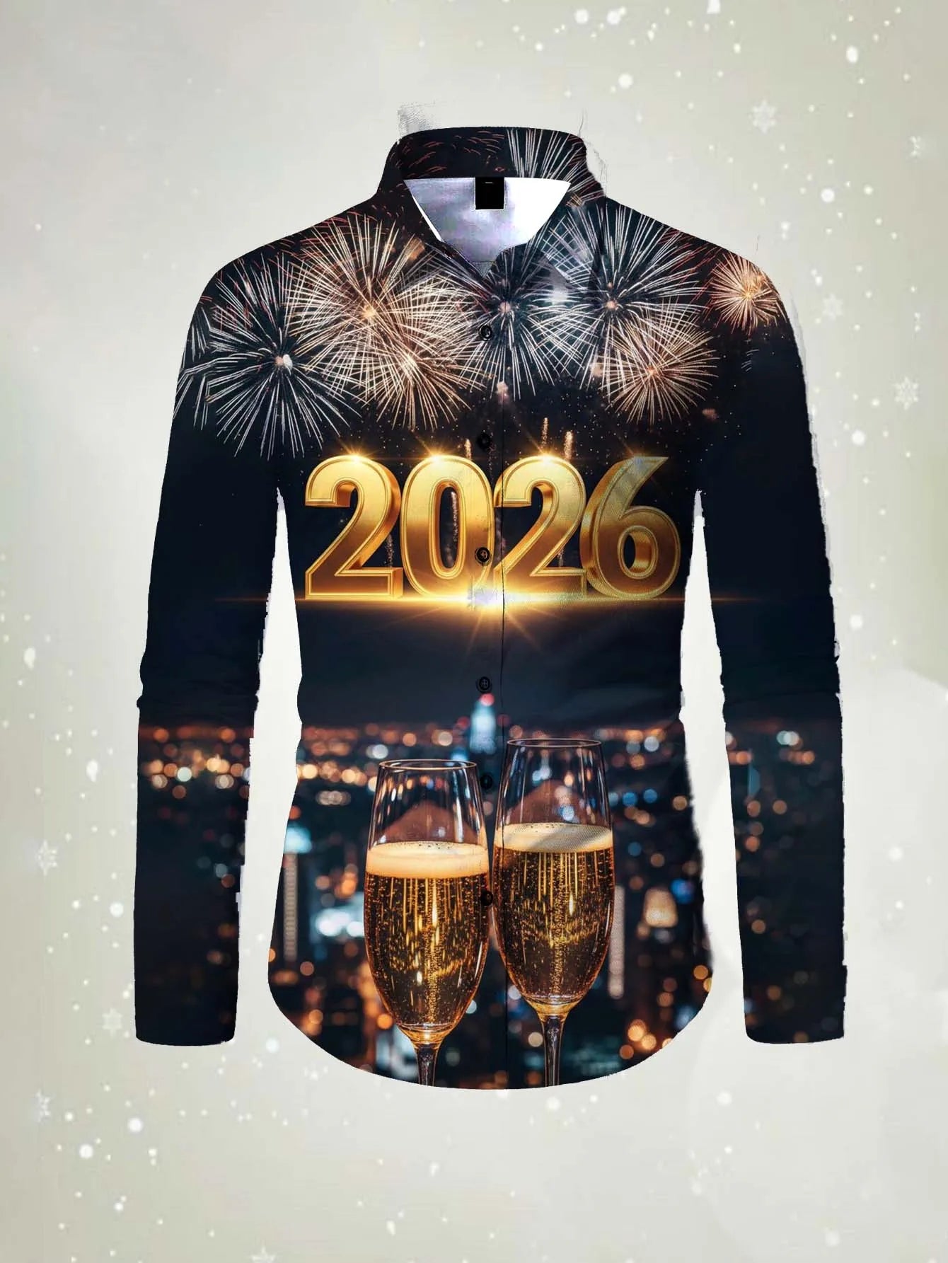 Men's long sleeved shirt 2026 Happy New Year Pattern 3D printed Shirt spring autumn New fashion casual Festival Unisex clothing