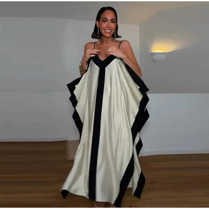 Contrast Black Trim Satin Maxi Dress Deep V Neck Loose Flowy Ruffle Hem Lady Long Gown 2026 Summer Formal Chic Vacation Dresses