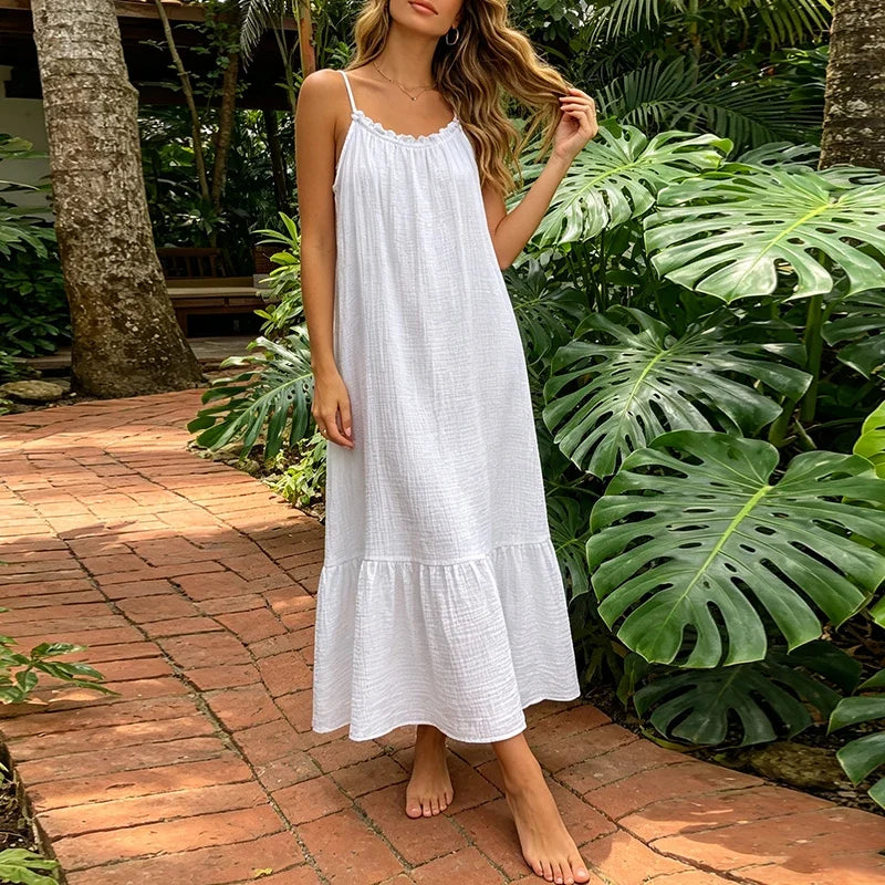 Vintage Muslin 100% Cotton Gauze Summer Dress Women Loose Sexy Sleeveless Ruched Long Maxi Desses Chic Vestidos