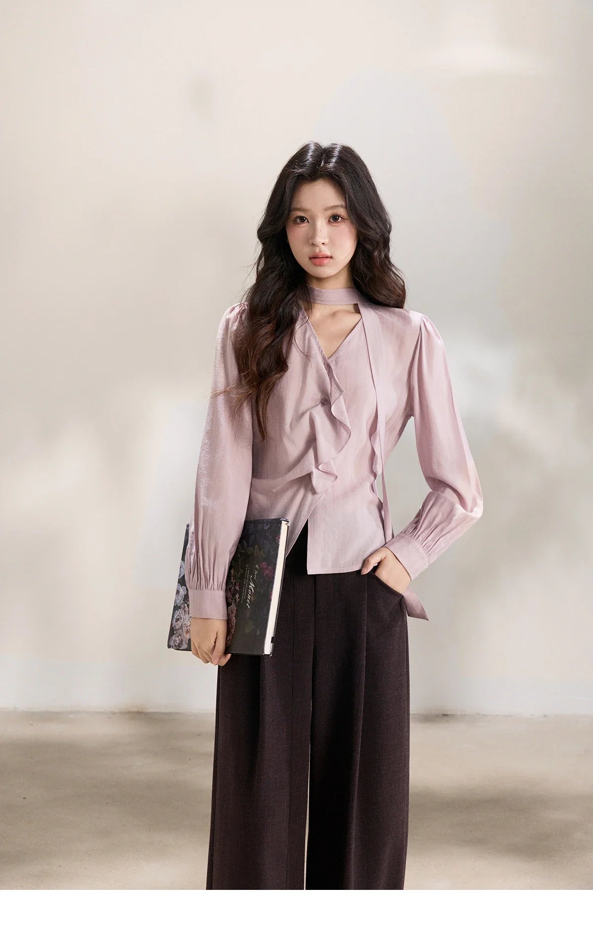 Women's Purple Sweet Shirts 2026 Spring Ribbon V-Neck Ruffled Asymmetrical Shirt Back Lace-up Waist Casual Top MXF13X2527