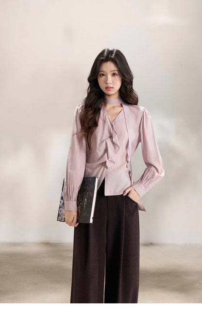 Women's Purple Sweet Shirts 2026 Spring Ribbon V-Neck Ruffled Asymmetrical Shirt Back Lace-up Waist Casual Top MXF13X2527