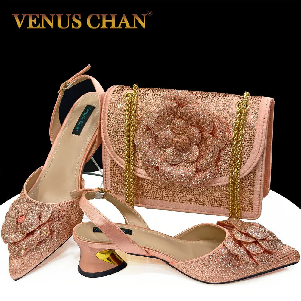 Evening Shoes and Bags Set with Full Diamond Handmade Petal Clutches Pointed Toe Peach Color Mid-Heel Women Shoes