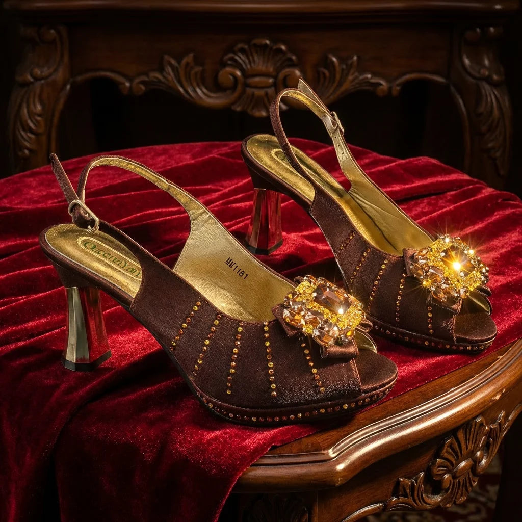 2026 New Brown Rhinestone Peep-Toe High Heel Sandals and Bag Set for Women –Elegant Italian Party Shoes Perfect for Wedding
