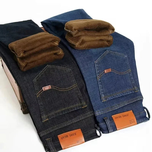 Men's Reflective Fleece-Lined Jeans - Thick Warm Lining, Durable Denim & Reflective Trim, Safe for Winter Night Commute & Casual