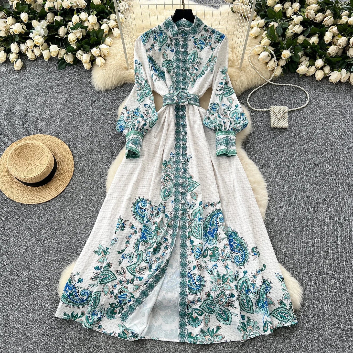 Retro Faion Print Stand Collar Single Button Women's Dr Waist Cinched Floor Length Skirt Korean Sle High Waist Long Sl...