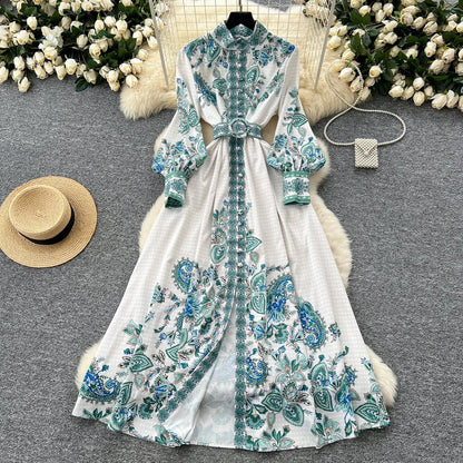 Retro Faion Print Stand Collar Single Button Women's Dr Waist Cinched Floor Length Skirt Korean Sle High Waist Long Sl...