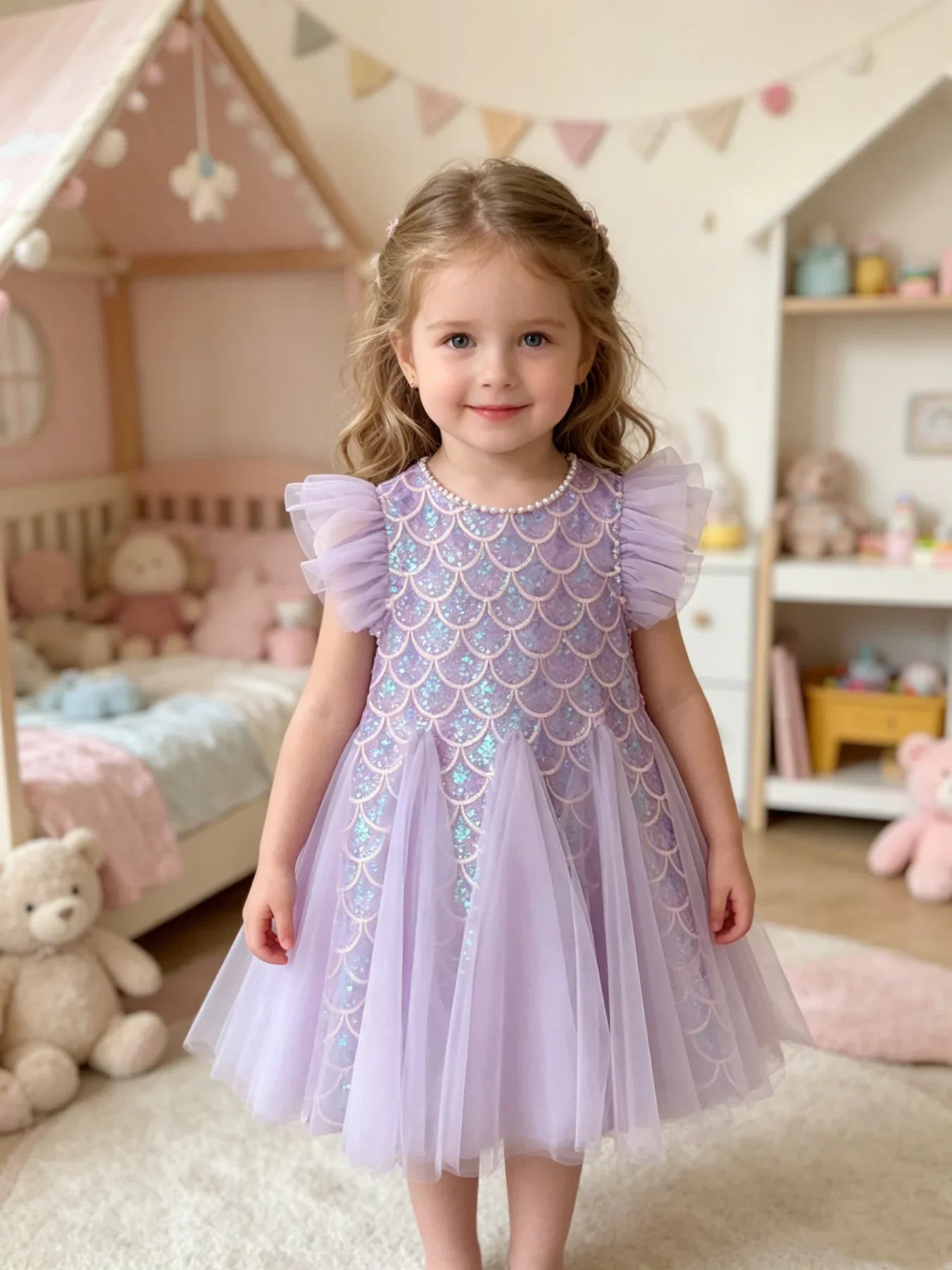 Girls Purple Mermaid Sequin Tulle Dress with Bow Veil Headband Kids Flutter Sleeve Princess Birthday Party Costume Dress