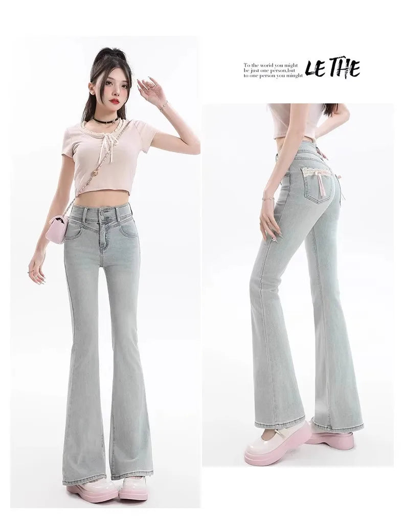 High Waist Bell Bot Denim Jeans Women's Light Color Peach Butt Design Slimming Fitted Floor Length  Hoof Pants