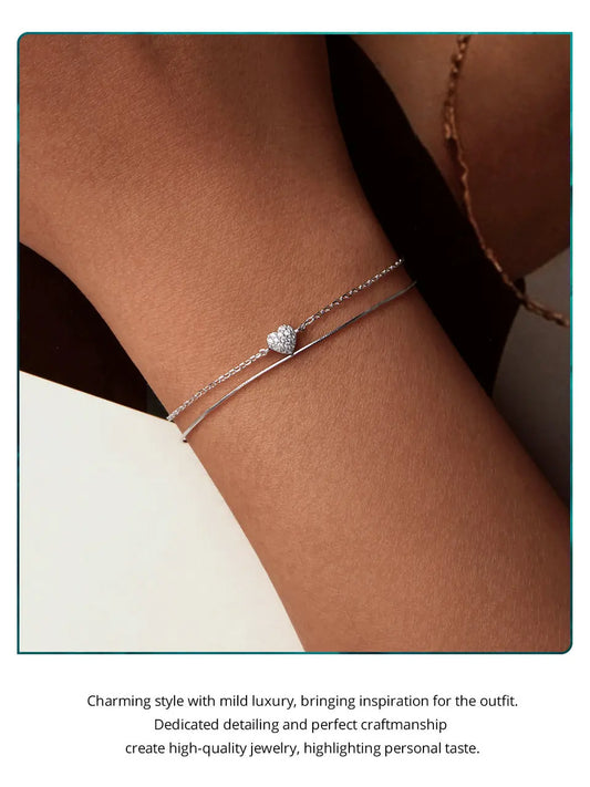 Bracelet double couche en argent sterling 925 avec cœur étincelant pour femme, chaîne ajustable, cadeau de bijoux fins