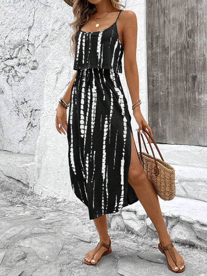 Women's Summer Spaghetti Strap Dress with Belt & Side Slit - Casual Sleeveless Flowy Dress