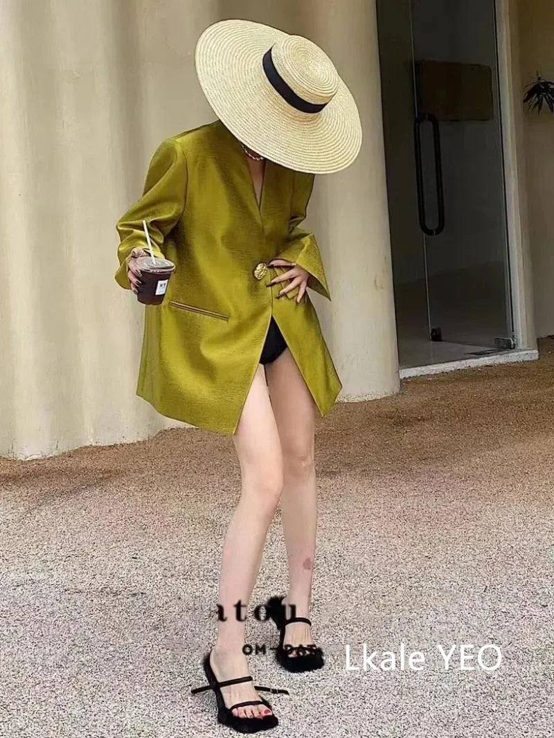 Women's Blazer Coat 2025 Spring Autumn Fashion Retro Style Advanced Ladies Suit Jacket Korean Version Temperament Lady Outerwear
