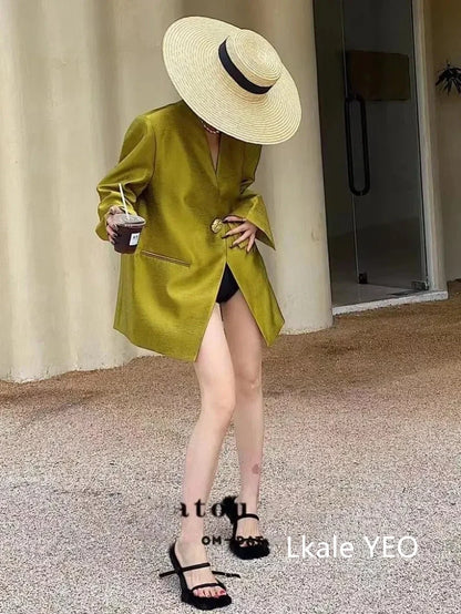 Women's Blazer Coat 2025 Spring Autumn Fashion Retro Style Advanced Ladies Suit Jacket Korean Version Temperament Lady Outerwear