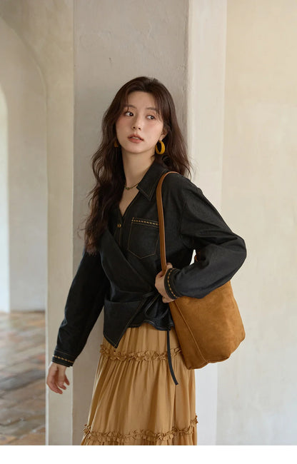 Autumn Retro Black Imitation Denim Shirt 2025 Side Lace-up Solid Shirts Lapel V-neck Retro Button Casual Tops MXE42C2374